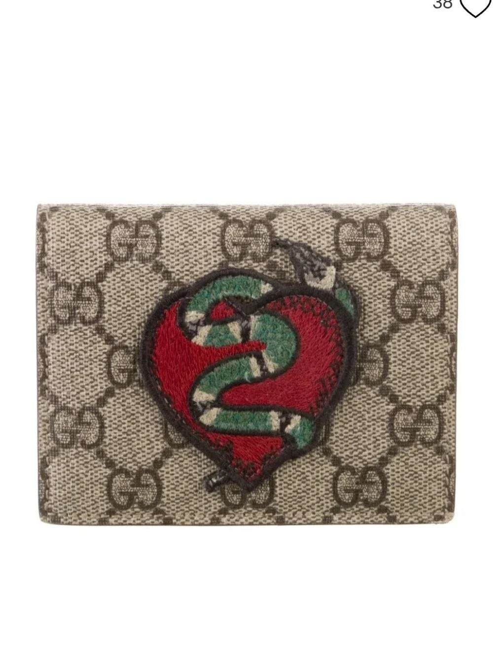 Gucci Beige GG Canvas Wallet with Red Heart and Green Snake Embroidery